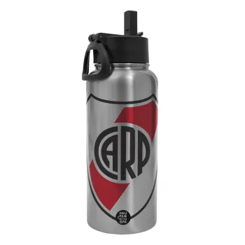 River Plate, Μεταλλικό παγούρι θερμός Silver με καλαμάκι και χερούλι (Stainless steel), διπλού τοιχώματος, 950ml