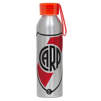River Plate, Αλουμινένιο Αθλητικό Μπουκάλι 650ml – Ασημί με Κόκκινο Καπάκι και Λουράκι Σιλικόνης