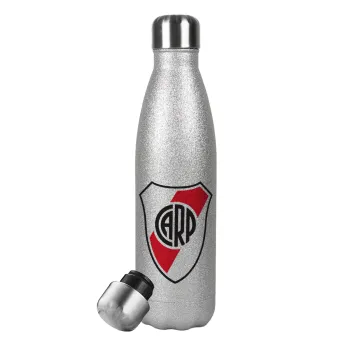 River Plate, Μεταλλικό παγούρι θερμός Glitter Aσημένιο (Stainless steel), διπλού τοιχώματος, 500ml