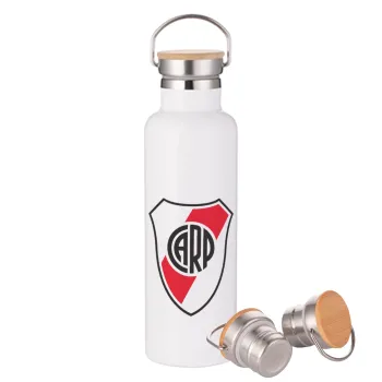 River Plate, Μεταλλικό παγούρι θερμός (Stainless steel) Λευκό με ξύλινο καπάκι (bamboo), διπλού τοιχώματος, 750ml