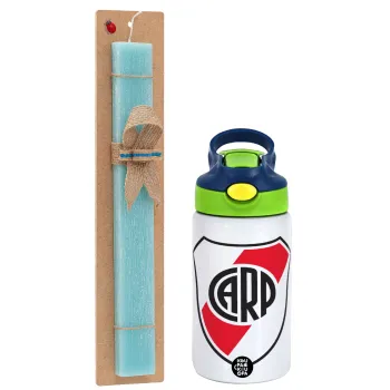 River Plate, Easter Set, Children's thermal stainless steel bottle with safety straw, green/blue (350ml) & aromatic flat Easter candle (30cm) (TURQUOISE)