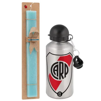 River Plate, Easter Set, metallic silver aluminum water bottle (500ml) & scented flat Easter candle (30cm) (TURQUOISE)