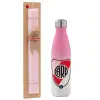 Easter Set, Metallic pink/white (Stainless steel) thermos, double-walled, 500ml & aromatic flat Easter candle (30cm) (PINK)