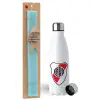 Easter Set, metallic stainless steel water bottle (750ml) & aromatic flat Easter candle (30cm) (TURQUOISE)