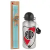 Easter Set, metallic silver aluminum water bottle (500ml) & scented flat Easter candle (30cm) (TURQUOISE)