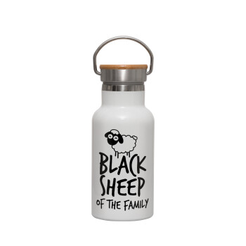 Black Sheep of the Family, Μεταλλικό παγούρι θερμός (Stainless steel) Λευκό με ξύλινο καπακι (bamboo), διπλού τοιχώματος, 350ml