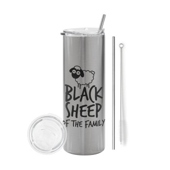 Black Sheep of the Family, Eco friendly ποτήρι θερμό Ασημένιο (tumbler) από ανοξείδωτο ατσάλι 600ml, με μεταλλικό καλαμάκι & βούρτσα καθαρισμού
