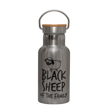 Black Sheep of the Family, Stainless steel metallic thermos flask, silver with a bamboo lid, double-walled, 350ml.