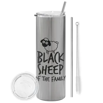 Black Sheep of the Family, Tumbler ποτήρι θερμό Ασημένιο από ανοξείδωτο ατσάλι 600ml, με μεταλλικό καλαμάκι & βούρτσα καθαρισμού