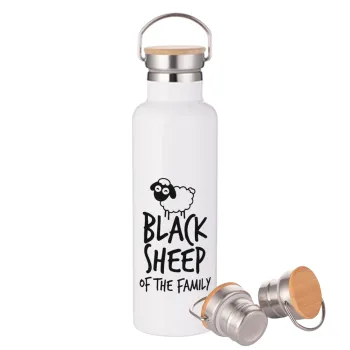 Black Sheep of the Family, Μεταλλικό παγούρι θερμός (Stainless steel) Λευκό με ξύλινο καπάκι (bamboo), διπλού τοιχώματος, 750ml