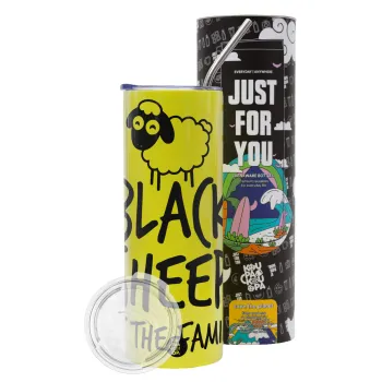 Black Sheep of the Family, Neon Yellow Travel Tumbler θερμό, μεταλλικό καλαμάκι(Ανωξείδωτο 304 Food grade, BPA free, 600ml)