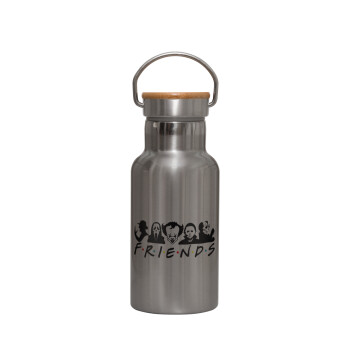Halloween Friends, Stainless steel metallic thermos flask, silver with a bamboo lid, double-walled, 350ml.