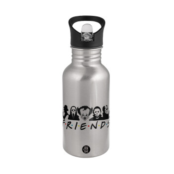 Halloween Friends, Water bottle Silver with straw, stainless steel 500ml