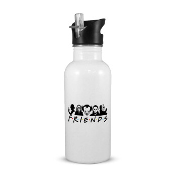 Halloween Friends, White water bottle with straw, stainless steel 600ml
