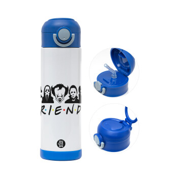 Halloween Friends, Children's hot water bottle, stainless steel, with safety straw, BLUE (500ml)