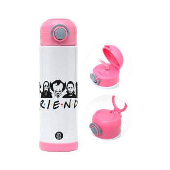 Halloween Friends, Children's hot water bottle, stainless steel, with safety straw, PINK (500ml)