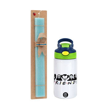 Halloween Friends, Easter Set, Children's thermal stainless steel bottle with safety straw, green/blue (350ml) & aromatic flat Easter candle (30cm) (TURQUOISE)