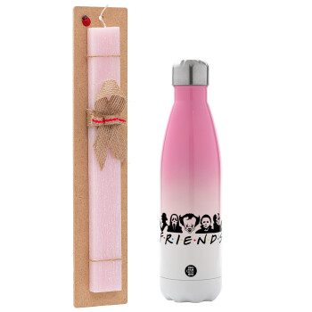 Halloween Friends, Easter Set, Metallic pink/white (Stainless steel) thermos, double-walled, 500ml & aromatic flat Easter candle (30cm) (PINK)