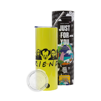 Halloween Friends, Neon Yellow Travel Tumbler, with metal straw (Stainless steel 304 Food grade, BPA free, 600ml)
