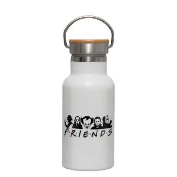 Halloween Friends, Metallic thermos (Stainless steel) White with wooden lid (bamboo), double-walled, 350ml