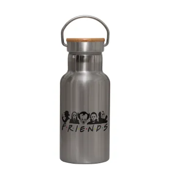 Halloween Friends, Μεταλλικό παγούρι θερμός (Stainless steel) Ασημένιο με ξύλινο καπακι (bamboo), διπλού τοιχώματος, 350ml