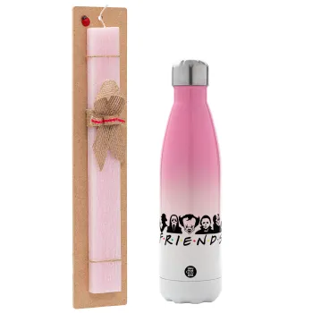 Halloween Friends, Easter Set, Metallic pink/white (Stainless steel) thermos, double-walled, 500ml & aromatic flat Easter candle (30cm) (PINK)