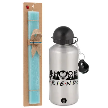 Halloween Friends, Easter Set, metallic silver aluminum water bottle (500ml) & scented flat Easter candle (30cm) (TURQUOISE)