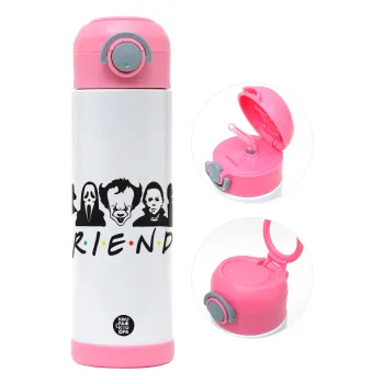 Halloween Friends, Παιδικό παγούρι θερμό, ανοξείδωτο, με καλαμάκι ασφαλείας, ΡΟΖ (500ml)