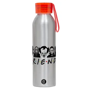 Halloween Friends, Αλουμινένιο Αθλητικό Μπουκάλι 650ml – Ασημί με Κόκκινο Καπάκι και Λουράκι Σιλικόνης