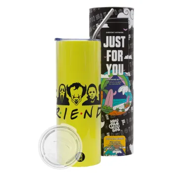 Halloween Friends, Neon Yellow Travel Tumbler θερμό, μεταλλικό καλαμάκι(Ανωξείδωτο 304 Food grade, BPA free, 600ml)