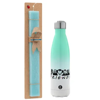 Halloween Friends, Easter Set, Metallic green/white thermos (Stainless steel), double-walled, 500ml & scented flat Easter candle (30cm) (TURQUOISE)