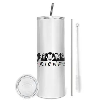 Halloween Friends, Tumbler ποτήρι θερμό από ανοξείδωτο ατσάλι 600ml, με μεταλλικό καλαμάκι & βούρτσα καθαρισμού