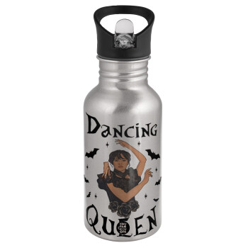 Wednesday Addams Dance, Water bottle Silver with straw, stainless steel 500ml