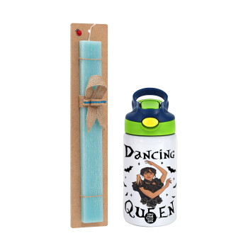 Wednesday Addams Dance, Easter Set, Children's thermal stainless steel bottle with safety straw, green/blue (350ml) & aromatic flat Easter candle (30cm) (TURQUOISE)