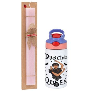 Wednesday Addams Dance, Πασχαλινό Σετ, Παιδικό παγούρι θερμό, ανοξείδωτο, με καλαμάκι ασφαλείας, ροζ/μωβ (350ml) & πασχαλινή λαμπάδα αρωματική πλακέ (30cm) (ΡΟΖ)
