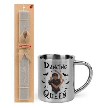 Wednesday Addams Dance, Easter Set, metallic thermal cup (300ml) & Easter aromatic flat candle (30cm) (GRAY)