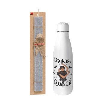 Wednesday Addams Dance, Easter Set, metallic stainless thermos bottle (500ml) & scented flat Easter candle (30cm) (GRAY)