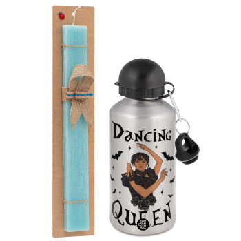 Wednesday Addams Dance, Easter Set, metallic silver aluminum water bottle (500ml) & scented flat Easter candle (30cm) (TURQUOISE)