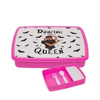 Wednesday Addams Dance, ΡΟΖ παιδικό δοχείο φαγητού (lunchbox) πλαστικό με παιδικά μαχαιροπίρουρα & 2 εσωτερικά δοχεία (BPA-FREE) Lunch Βox M23 x Π18 x Υ4cm