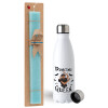Easter Set, metallic stainless steel water bottle (750ml) & aromatic flat Easter candle (30cm) (TURQUOISE)