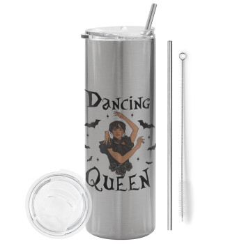Wednesday Addams Dance, Eco friendly stainless steel Silver tumbler 600ml, with metal straw & cleaning brush