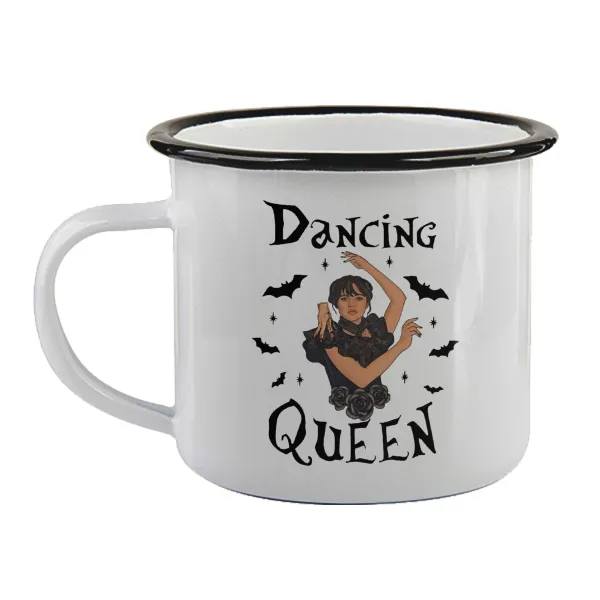 Wednesday Addams Dance — Enamel mug with black rim, 360ml