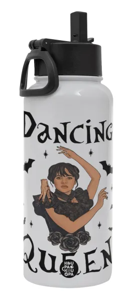 Wednesday Addams Dance — Μεταλλικό παγούρι θερμός Λευκό με καλαμάκι και χερούλι (Stainless steel), διπλού τοιχώματος, 950ml
