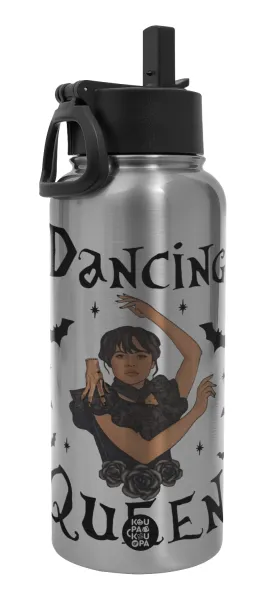 Wednesday Addams Dance — Μεταλλικό παγούρι θερμός Silver με καλαμάκι και χερούλι (Stainless steel), διπλού τοιχώματος, 950ml