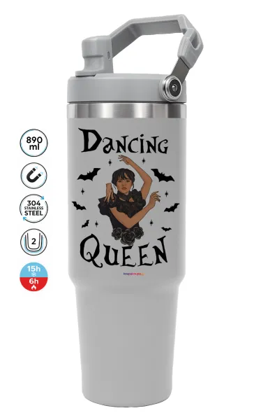 Wednesday Addams Dance — ΓΚΡΙ Travel Tumbler Θερμός με χερούλι και καλαμάκι 890ml