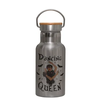 Wednesday Addams Dance, Stainless steel metallic thermos flask, silver with a bamboo lid, double-walled, 350ml.