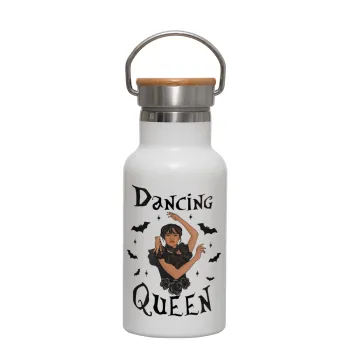Wednesday Addams Dance, Metallic thermos (Stainless steel) White with wooden lid (bamboo), double-walled, 350ml