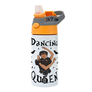 Wednesday Addams Dance, Children's hot water bottle, stainless steel, with safety straw, Orange/Grey (360ml) BPA-FREE