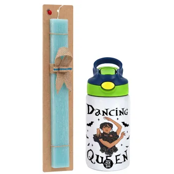 Wednesday Addams Dance, Easter Set, Children's thermal stainless steel bottle with safety straw, green/blue (350ml) & aromatic flat Easter candle (30cm) (TURQUOISE)