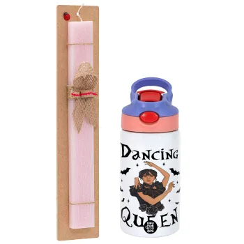 Wednesday Addams Dance, Easter Set, Children's thermal stainless steel water bottle with safety straw, pink/purple (350ml) & Easter scented flat candle (30cm) (PINK)